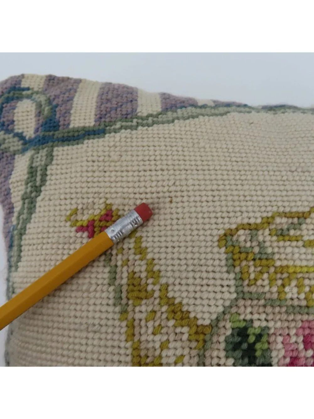 VTG Granny Teapot Teacup Saucer Needlepoint Pink Rose Flower Floral Throw Pillow